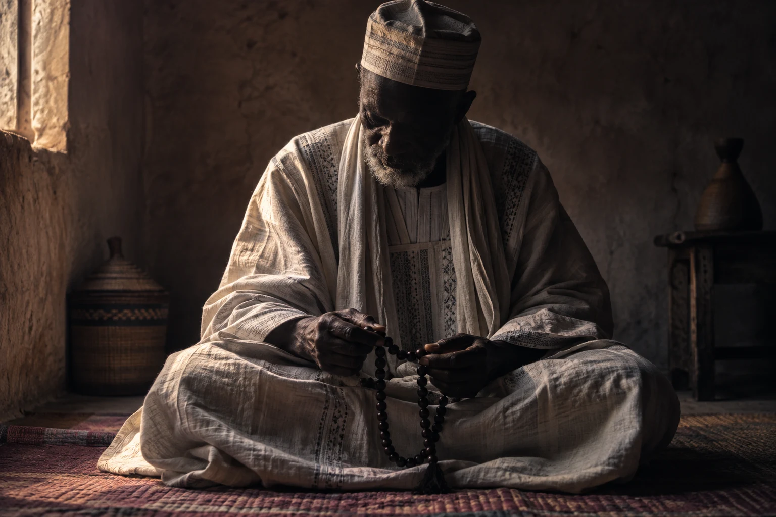 Sage ouest-africain en tenue traditionnelle, visage dans l’ombre — illustration