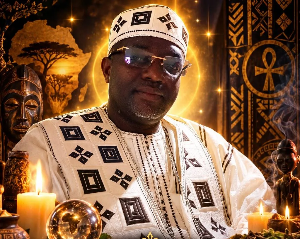 Marabout Sidy en tenue traditionnelle blanche brodée, devant des bougies, une boule de cristal et des cauris